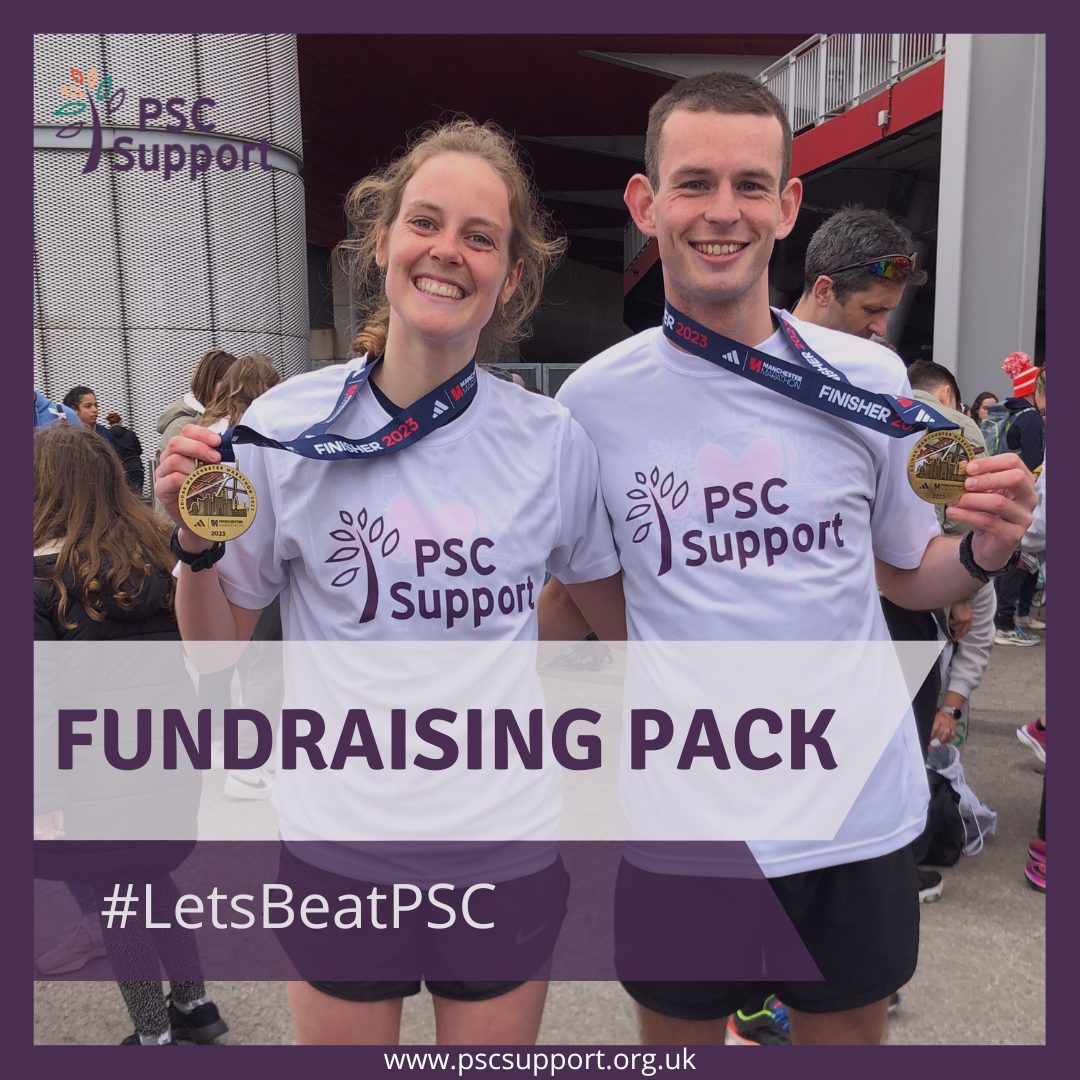Woman and Man standing side by side holding race medals, smiling with PSC Support T Shirts on