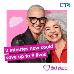 Two women smiling looking at camera, grey hair, pink background with text saying 2 minutes now could save up to 9 lives