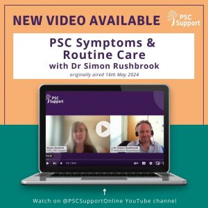 Square graphic, light orange on top, light green on bottom, photo of laptop showing still of the Ask the Expert video about PSC Symptoms and Routine Care