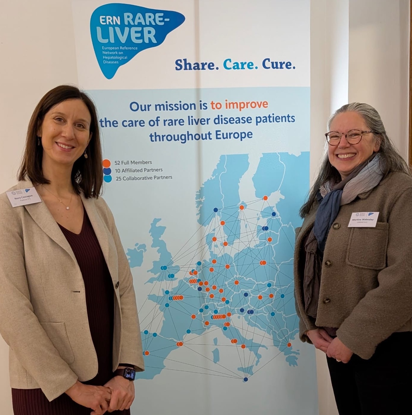 Dr Nora Cazzagon and Martine Walmsley pose for a phone while attending the ERN-RARE-LIVER Annual Members' Meeting.